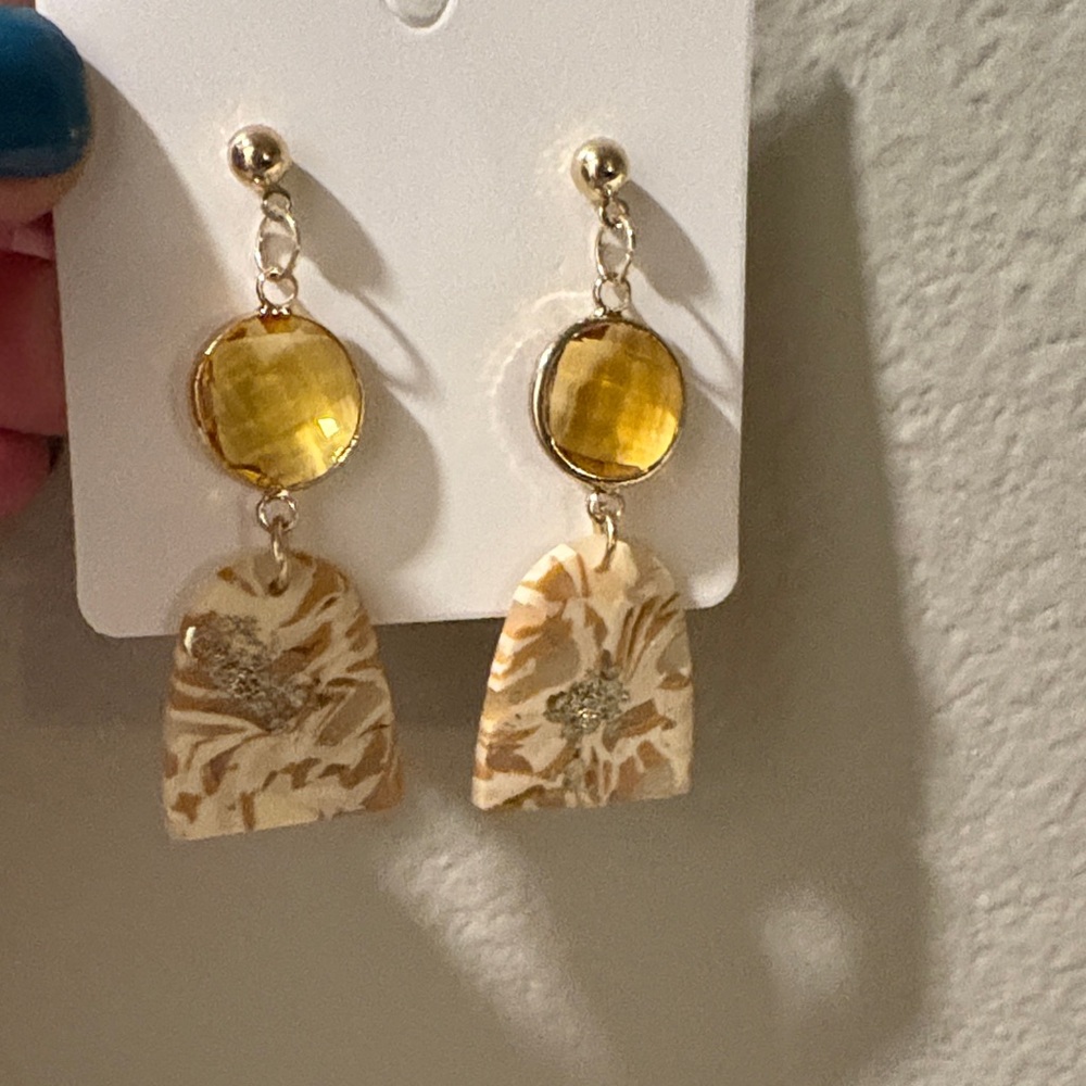 Handcrafted Gold and Cream Dangle Drop Earrings